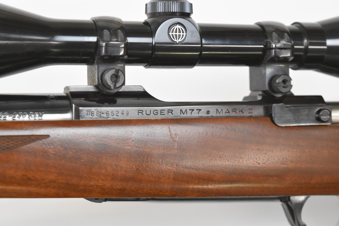 Ruger M77 Mark II .22-250 bolt-action rifle with chequered semi-pistol grip and forend, leather - Image 9 of 10