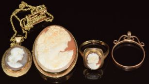 A 9ct gold ring, brooch and pendant set with cameos each depicting a young woman, 16g