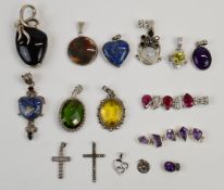 Sixteen silver pendants set with sodalite, moss agate, amethyst, etc