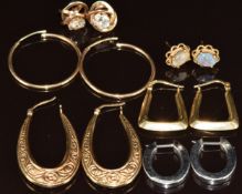 Six pairs of 9ct gold earrings including white gold hoops, paste set, etc, 10.2g