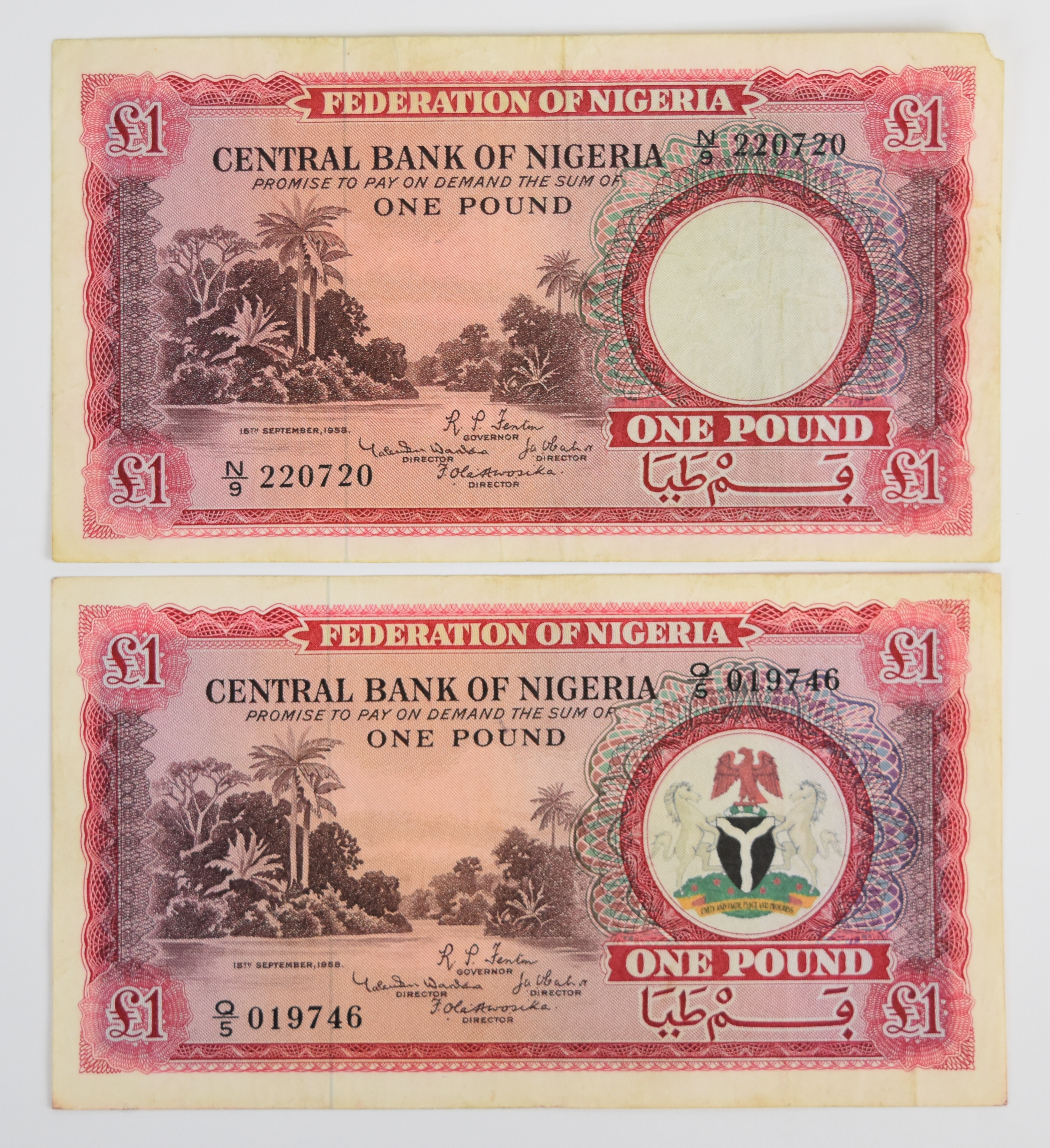 Six Federation of Nigeria 1958 banknotes comprising 5 Shillings, 10 Shillings, three £1 notes and £ - Image 4 of 7