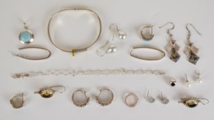 Silver bangle, six pairs of silver earrings including turquoise, cubic zirconia, etc, silver