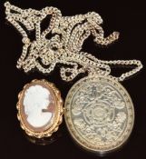 A 9ct gold brooch set with a cameo (3.9g) and a silver pendant on chain (21g)
