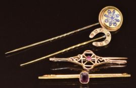 Victorian stick pin in the form of a horseshoe set with rose cut diamonds (2.2g), two 9ct gold