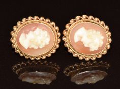 A pair of 9ct gold earrings each set with a cameo depicting a young woman, 3.4g