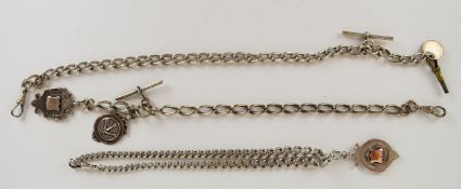 Three silver watch chains / Alberts with three fobs, 135g