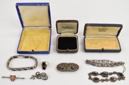 Three silver bracelets, two set with marcasite and the other paste, metamorphic brooch set with