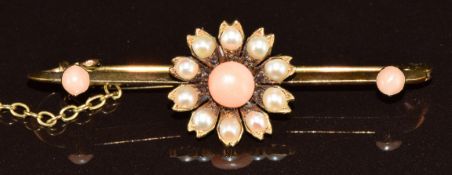 A c1915 15ct gold brooch set with coral and split pearls, 4g, 4cm