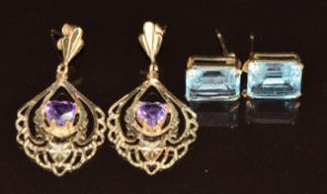 Two pairs of 9ct gold earrings, one set with topaz and the other with amethysts, 3.7g