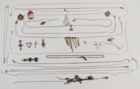 Sixteen silver pendants and sixteen silver chains and a silver necklace, 125g
