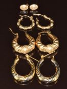 Four pairs of 9ct gold earrings including hoops and one pair set with paste, 8.8g