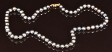 A single strand of grey cultured pearls with 14k gold clasp, 40cm, 17.1g