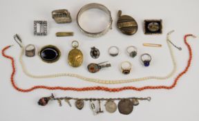 A 10k gold ring set with paste (size P, 3.4g), a 9ct gold brooch (1g), silver bangle, four silver