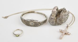 Marex silver watch set with paste, silver model of a swan, silver ring set with peridot and a silver