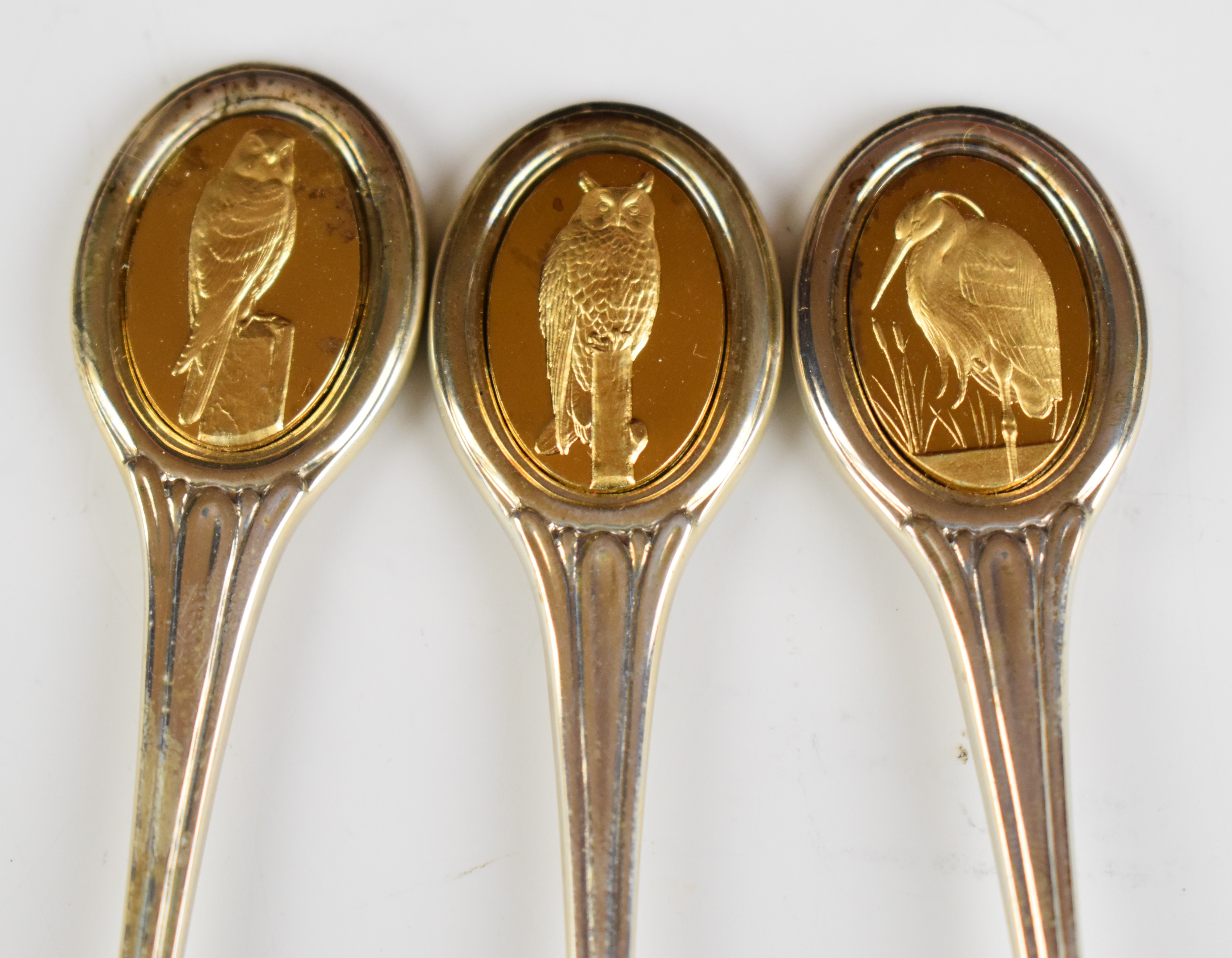 Cased set of 12 RSPB hallmarked silver and silver gilt spoons, London 1975, maker John Pinches ( - Image 7 of 10