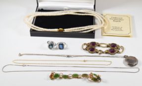A collection of jewellery including silver ring set with paste, silver locket and chain, silver