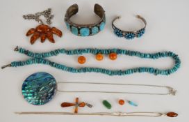 Two Navajo silver bangles set with turquoise, turquoise necklace, silver pendant set with abalone,