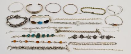 Six silver bangles, thirteen silver bracelets including turquoise, emerald, etc, Danon charm