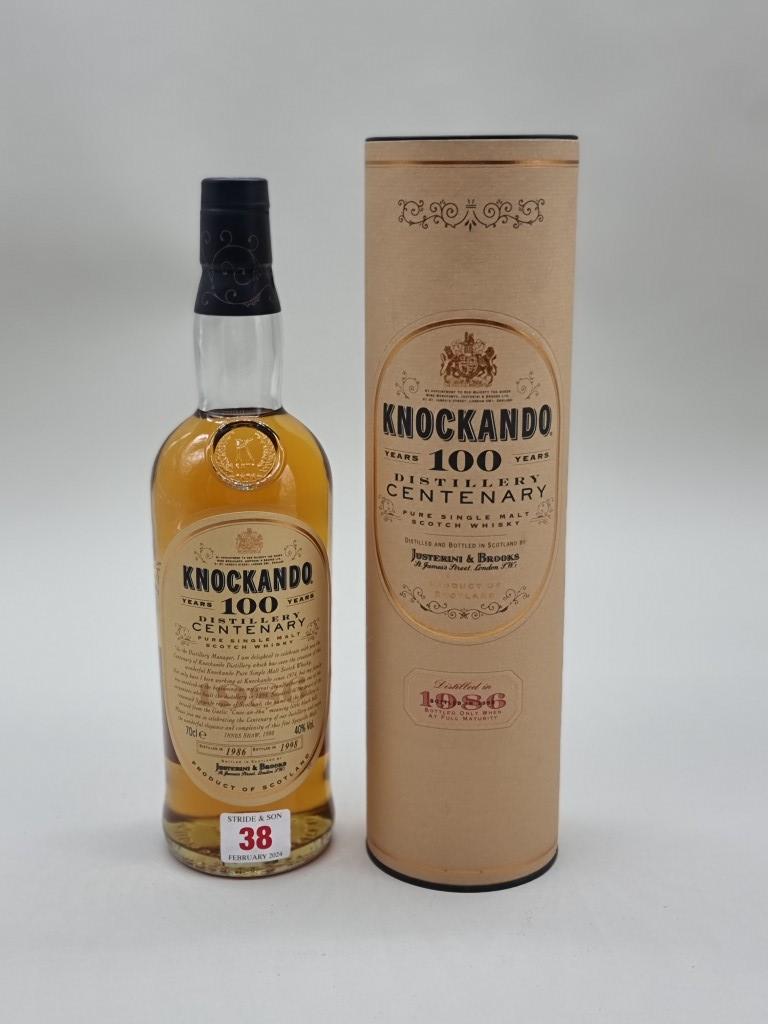 A 70cl bottle of Knockando 1986 Centenary 12 Year Old Whisky, in card tube.
