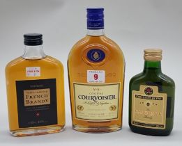 Three bottles of Brandy, comprising: a 35cl Courvoisier VS Cognac; a 35cl Waitrose French Brandy;
