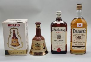 Three bottles of blended Whisky, comprising: a 1 litre Ballantine's; a 1 litre Teacher's; and a 13