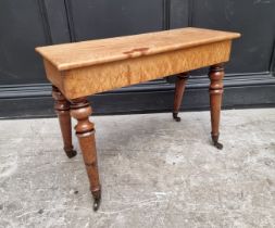 An unusual solid bird's eye maple and mahogany stool, 69cm wide.