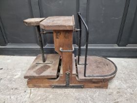 A set of antique oak and steel potato scales, by 'W.S Barrett & Son, Boston', 91cm wide.