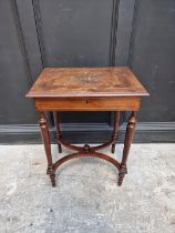 A late 19th century continental rosewood, inlaid and faux grained worktable, with hinged top, 55.5cm