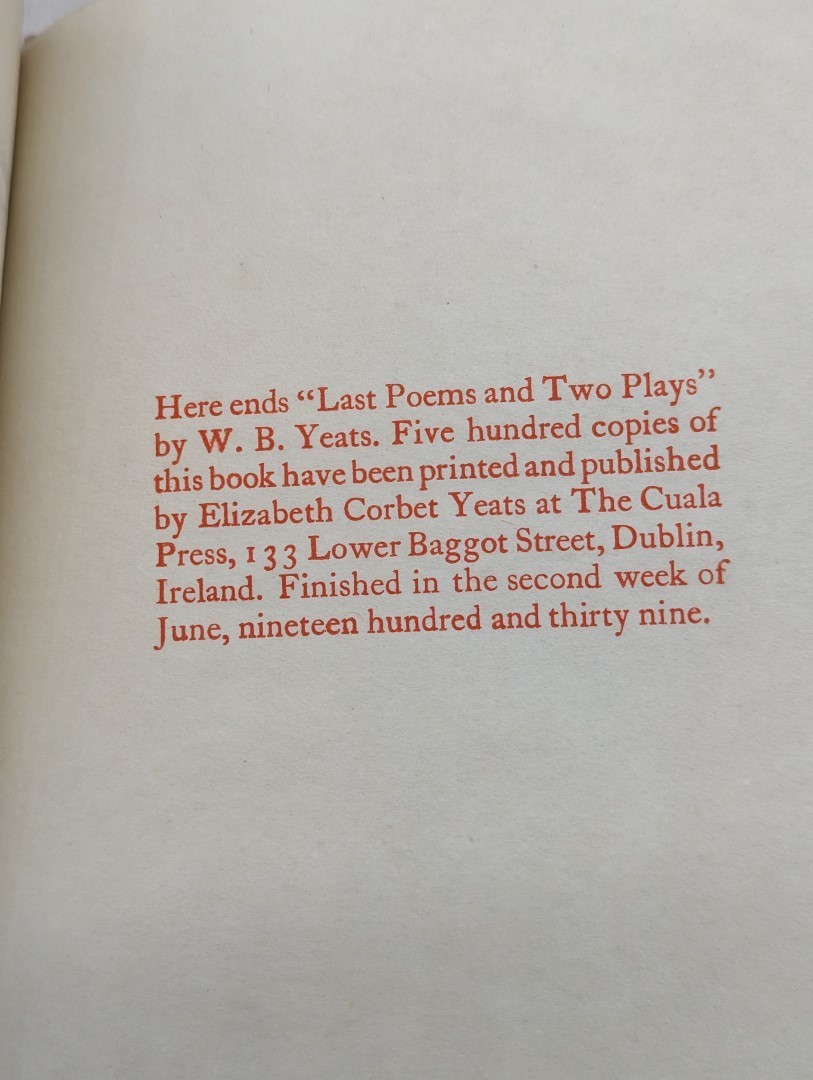YEATS (William Butler): 'Last Poems and Two Plays..': Dublin, Cuala Press, 1939: one of 500 - Image 8 of 13