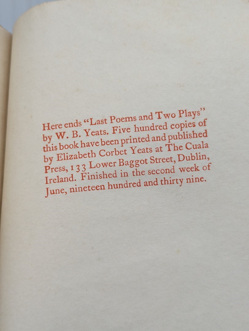 YEATS (William Butler): 'Last Poems and Two Plays..': Dublin, Cuala Press, 1939: one of 500 - Image 12 of 13