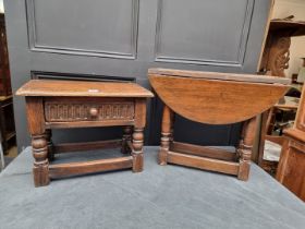 A small reproduction oak joint stool, with drawer, 48cm wide; together with a similar drop leaf