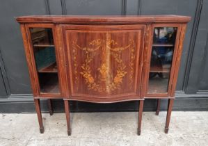 A late Victorian mahogany and marquetry serpentine side cabinet, 107.5cm wide.