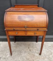 A small circa 1900 mahogany and line inlaid cylinder bureau, 75.5cm wide.