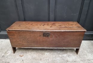 A late 17th century oak boarded coffer, 114cm wide.