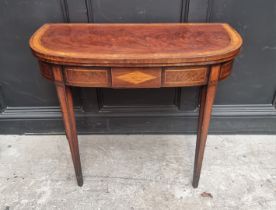 An George III mahogany and inlaid 'D' shaped card table, with double gateleg action, 91.5cm wide.