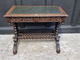 A Victorian carved oak desk, with leather inset surface and pair of frieze drawers, 89cm wide.