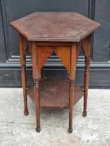 A small oak hexagonal occasional table, 35.5cm wide; together with an Edwardian mahogany and