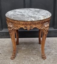 An interesting 19th century Italian carved walnut and marble top circular occasional table, with