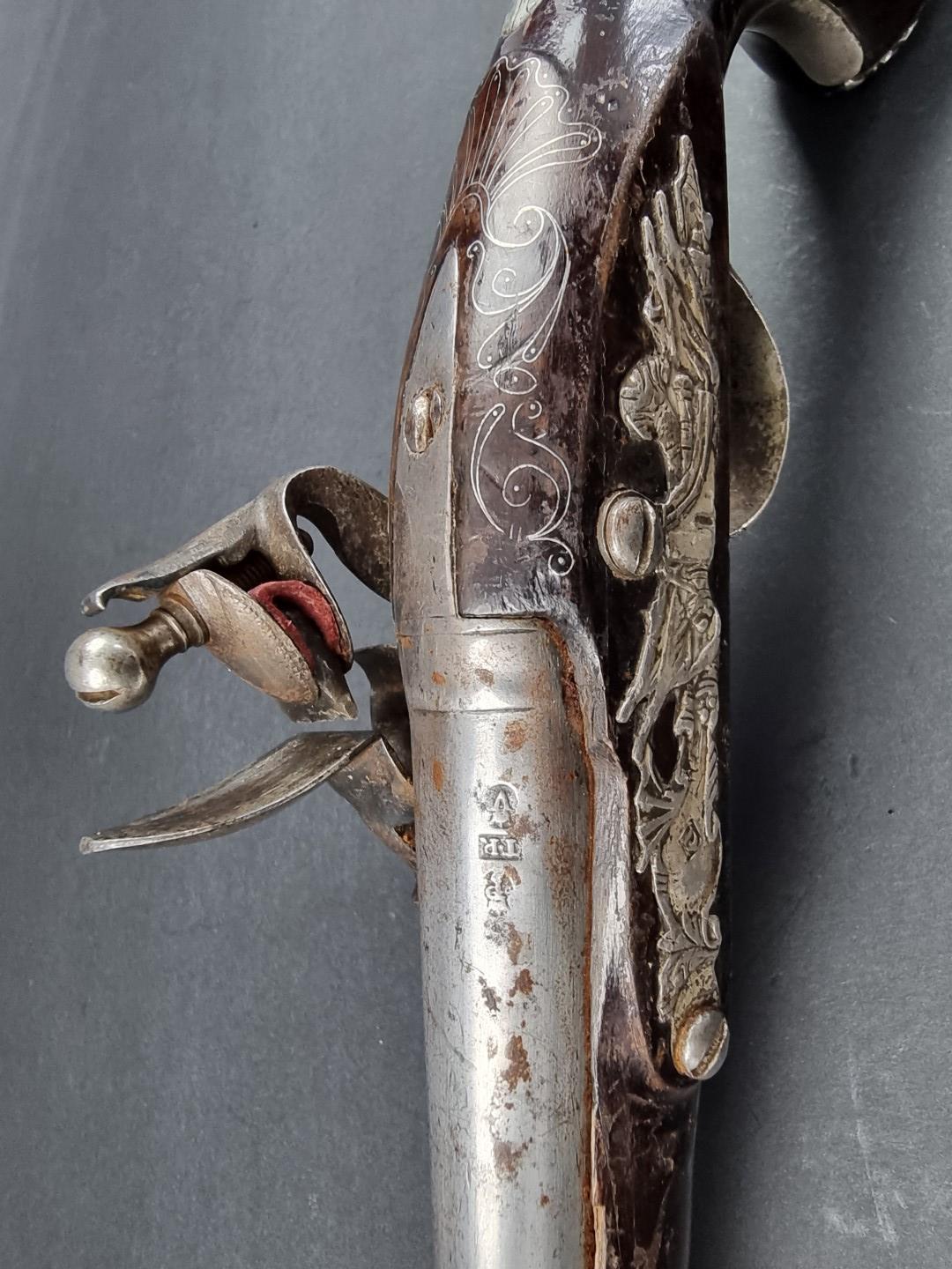 An 18th century silver mounted flintlock holster pistol, by T. Richards, Birmingham, probably - Image 5 of 7