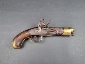 A 19th century military flintlock pistol, with brass fittings and a smooth 4in barrel, probably