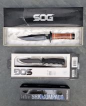 A SOG 'Bowie 2.0' knife and sheath, with oil stone; together with a 'SOG Seal Pup' knife and sheath,