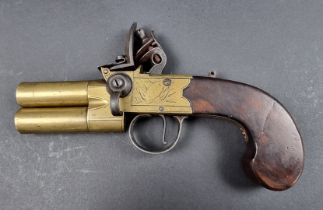 A 19th century double barrel 'tap action' flintlock pistol, by Cook of Batt, with twist off rifled