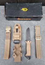 A Gerber 'LMF Mk2 Infantry Coyote Brown' knife and sheath, having 12.5cm blade, boxed.