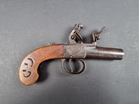 A 19th century flintlock pocket pistol, by H. Nock, engraved box lock, twist off 1.5in barrel and