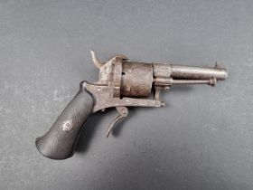 A mid 19th century Belgian six shot pin-fire pocket revolver, with 7cm barrel, folding trigger,