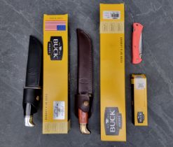 A Buck '120' Bowie knife and sheath, having 18.5cm, boxed; together with a Buck 'BU119 75th