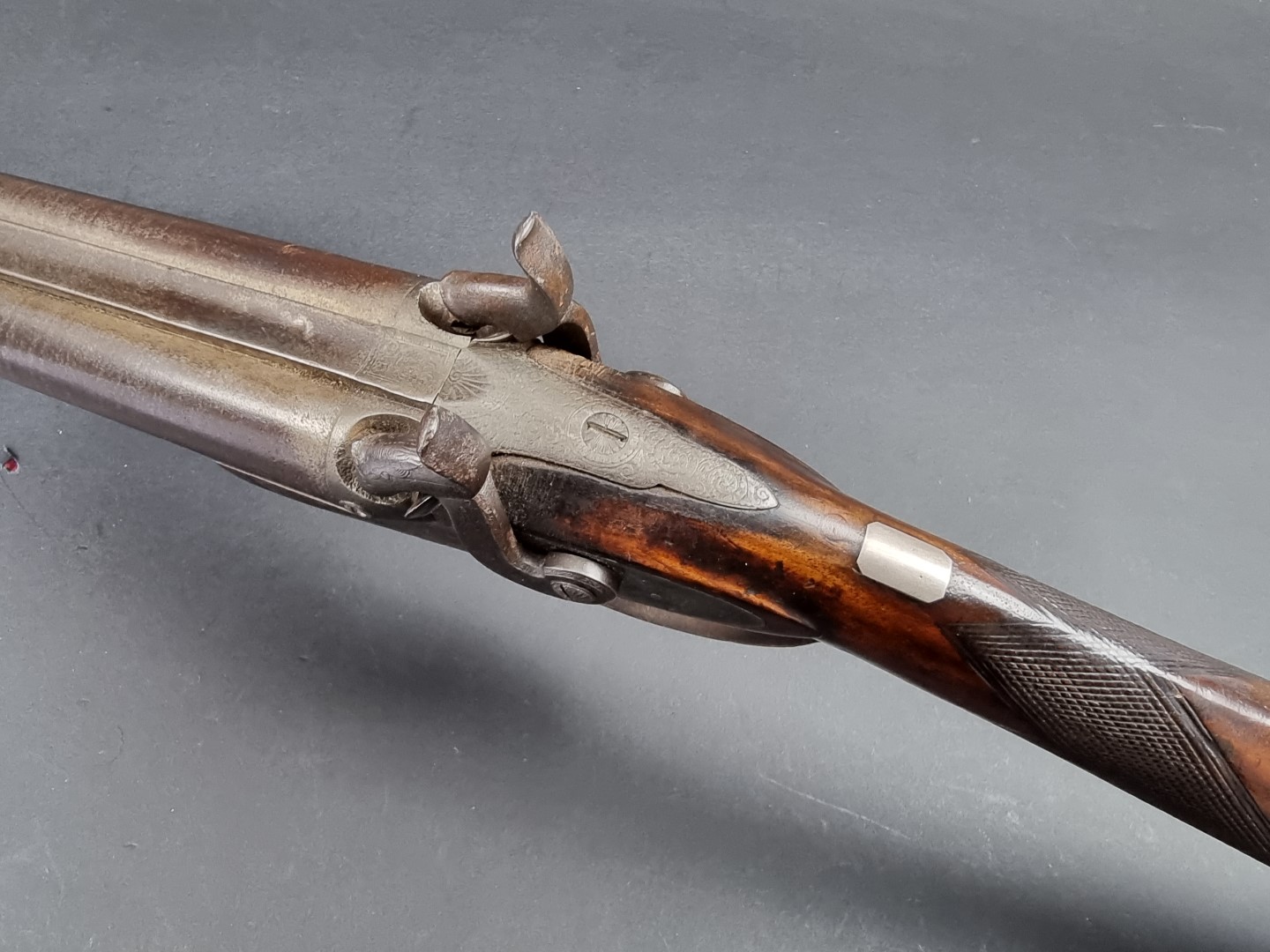 A Victorian double barrelled muzzle loading percussion shotgun, by Charles Osborne of London, having - Image 5 of 6