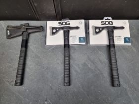 Three SOG 'First Hawk FO6TN-CP' throwing axes and covers, two packaged.