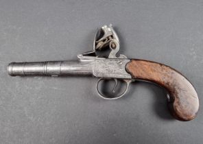 A 19th century flintlock pistol, by Munk, engraved box lock, twist off 2in cannon form barrel,