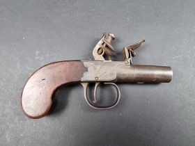 A 19th century flintlock pocket pistol, engraved box lock, twist off 1.5in barrel, engraved '